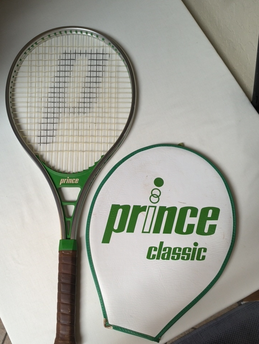 Prince Classic Tennis Racket with Green Brown Accents Cover Vintage